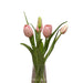 Clear vase with pink tulips on a marble surface in a living room setting