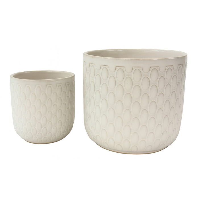 Two beige ceramic planters with textured patterns on a white background