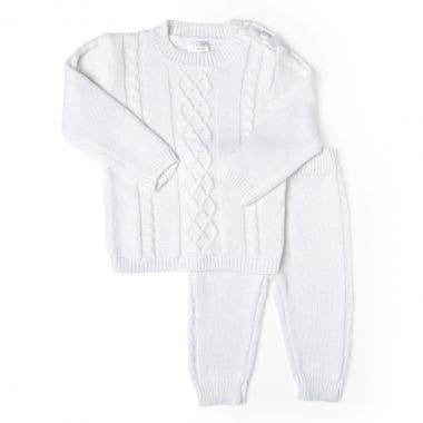 White Cable-Knit Sweater Set: 0-3M