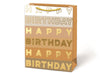 Gift bag with 'Happy Birthday' text in gold on a brown background