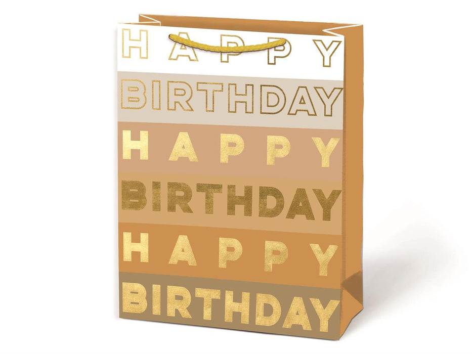 Gift bag with 'Happy Birthday' text in gold on a brown background