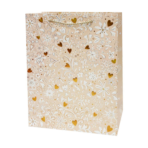 Beige gift bag with floral and heart pattern on a white background