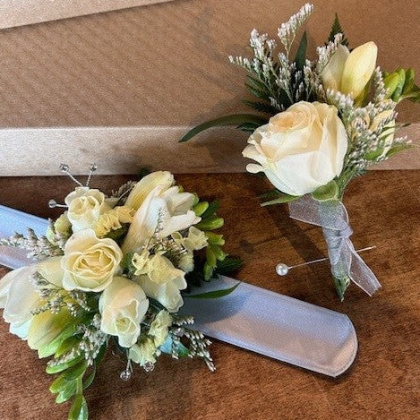 Corsage with Spray Rose and Freesia Combo in Silver