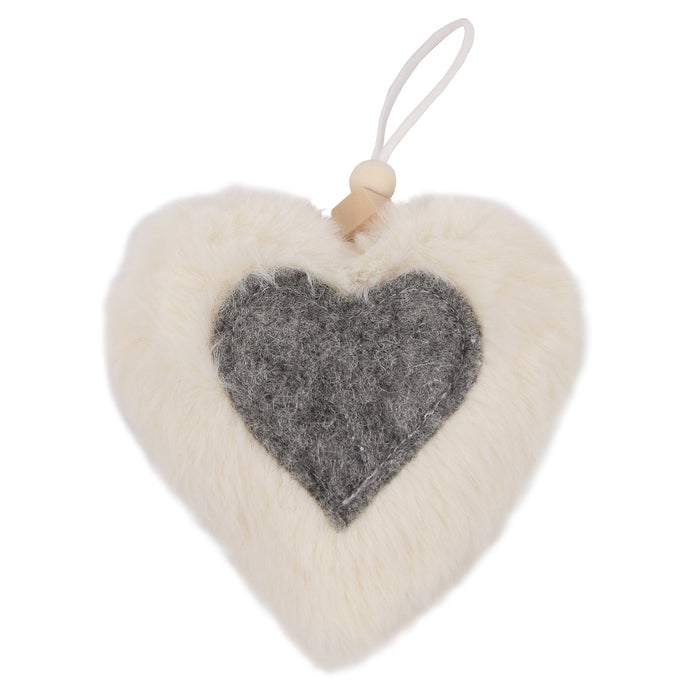 Ivory& Grey Fur Heart Ornament