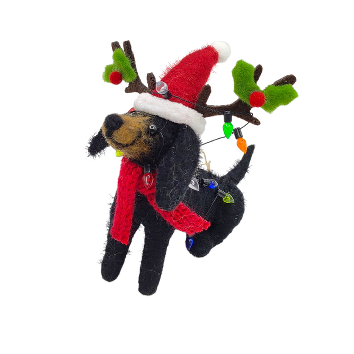 Wool Dog with Santa Hat Ornament