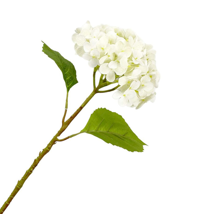 Artificial white hydrangea flower branch with green leaves on a white background