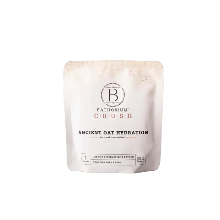 Bath product packaging labeled 'Bathorium Crush Ancient Oat Hydration' on a white background