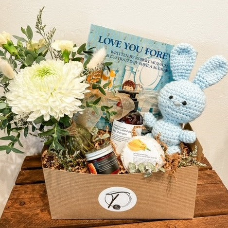 baby Gift Box with blue crochet bunny