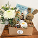 Baby Gift box with a taupe crochet bunny and flower posy