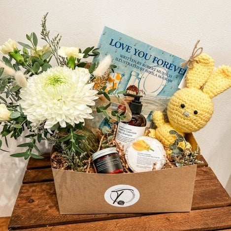 Baby Gift box with yellow crochet bunny and bottom balm