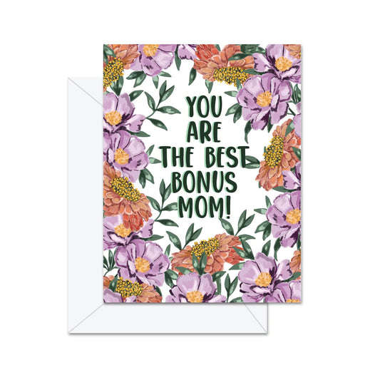 Greeting card with floral design and text 'You are the best bonus mom!' on a white background