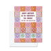 Greeting card with colorful crochet pattern and humorous birthday message on a white background
