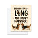 Greeting card with two dogs in wedding attire and text 'Wishing you a long and happy marriage!' on a beige background.
