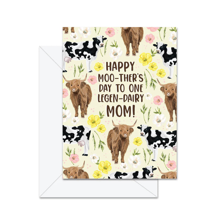 mothers day Greeting card with cows and flowers on a white background