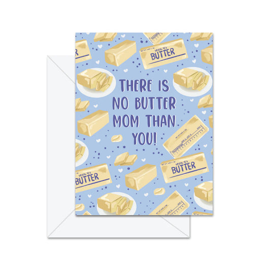 Mother's Day Greeting card with butter illustrations and text on a blue background