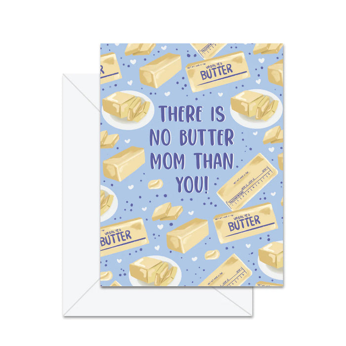 Mother's Day Greeting card with butter illustrations and text on a blue background