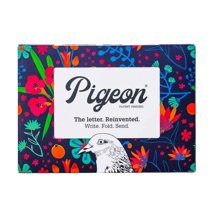 Pigeon letter packaging with colorful floral design and pigeon illustration on a white background