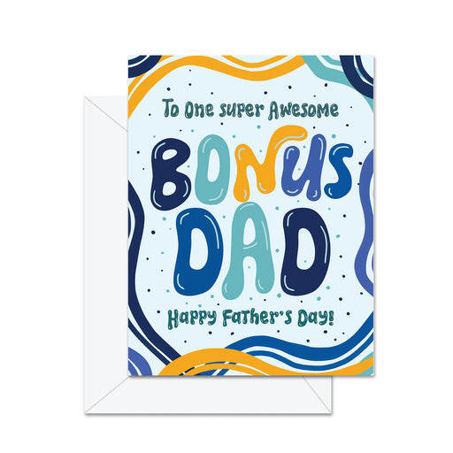 Greeting card for Bonus Dad with colorful text on a blue background