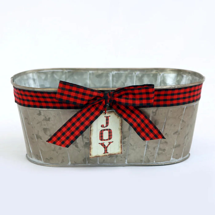 Joy Plaid Bow Metal Container