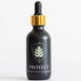 A black bottle with a gold dropper cap, labeled PROTECT Plant Vitamins with a green geometric design.
