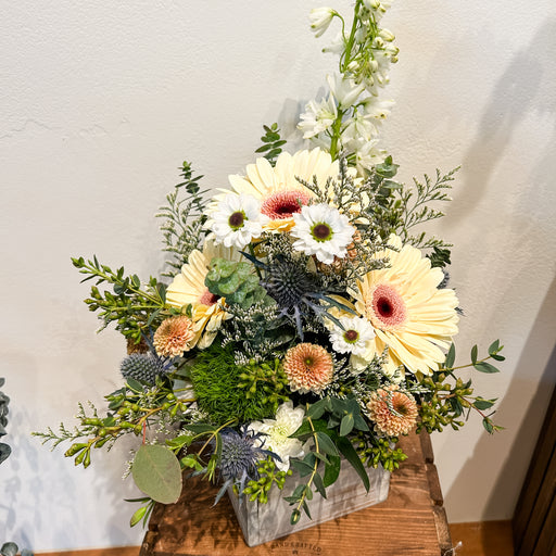 Wood box filled with fresh florals 